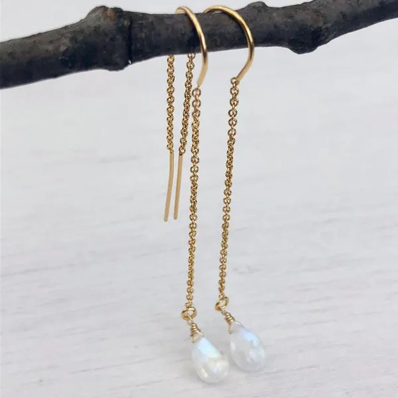 Moonstone Threader Earrings, Rainbow Moonstone Earrings, Minimalist Jewelry, Pull Through Chain Ear Threader, Summer Earrings, Gift for Her