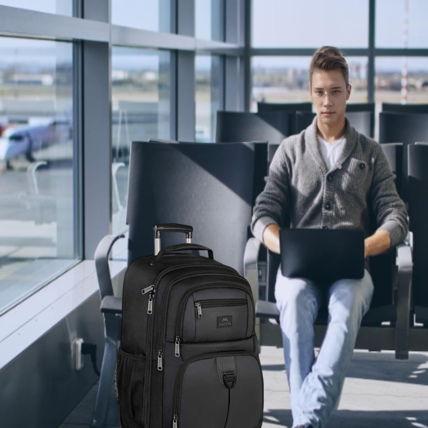 Rolling Backpack with 4 Wheels, 17 Inch Roller Travel Laptop Backpack for Women Men, Large Water Resistant Business Wheeled Bag, Airline Approved Carry on Luggage Suitcase Bag, Black