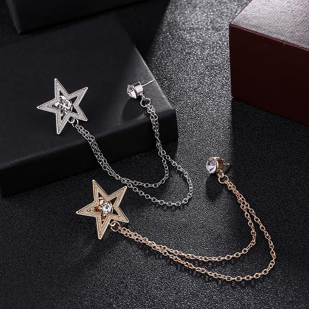Vintage Star Long Chain Lapel Brooch Pin with Hanging Tassel Rhinestone CZ Button Pins for Women Men Suit Dress Tuxedo Tie Shirt Jacket Backpack Jewelry Gifts for Bridegroom