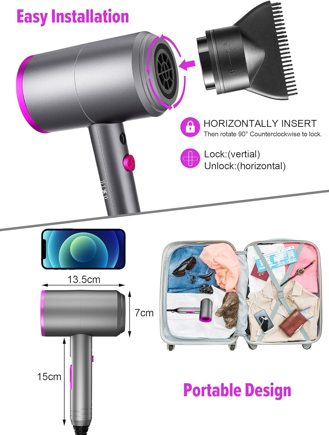 Ionic Hair Dryer, Professional Hair Blow Dryer Hot/Cold Air, 1800W Powerful AC Motor, Negative Ion Hairdryer Fast Drying, 2 Speed/3 Heating with 2 Nozzles&1 Diffuser, for Women Men Kids Salon Travel