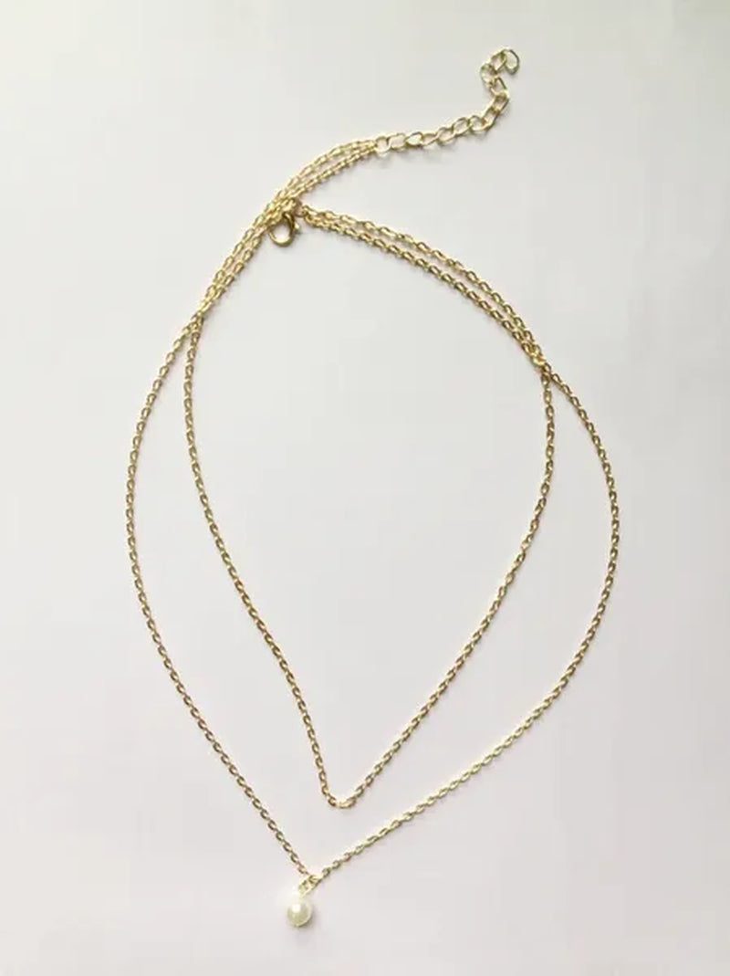 Womens Double Gold Plated Chains Pearl Charm Pendant Necklace