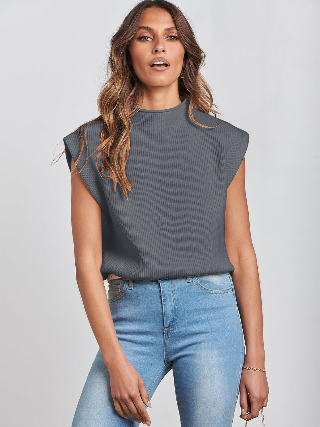 Women'S Mock Neck Sleeveless Sweater Vest Casual Cap Sleeve Knit Pullover Tank Tops 2025 Spring Summer Clothes