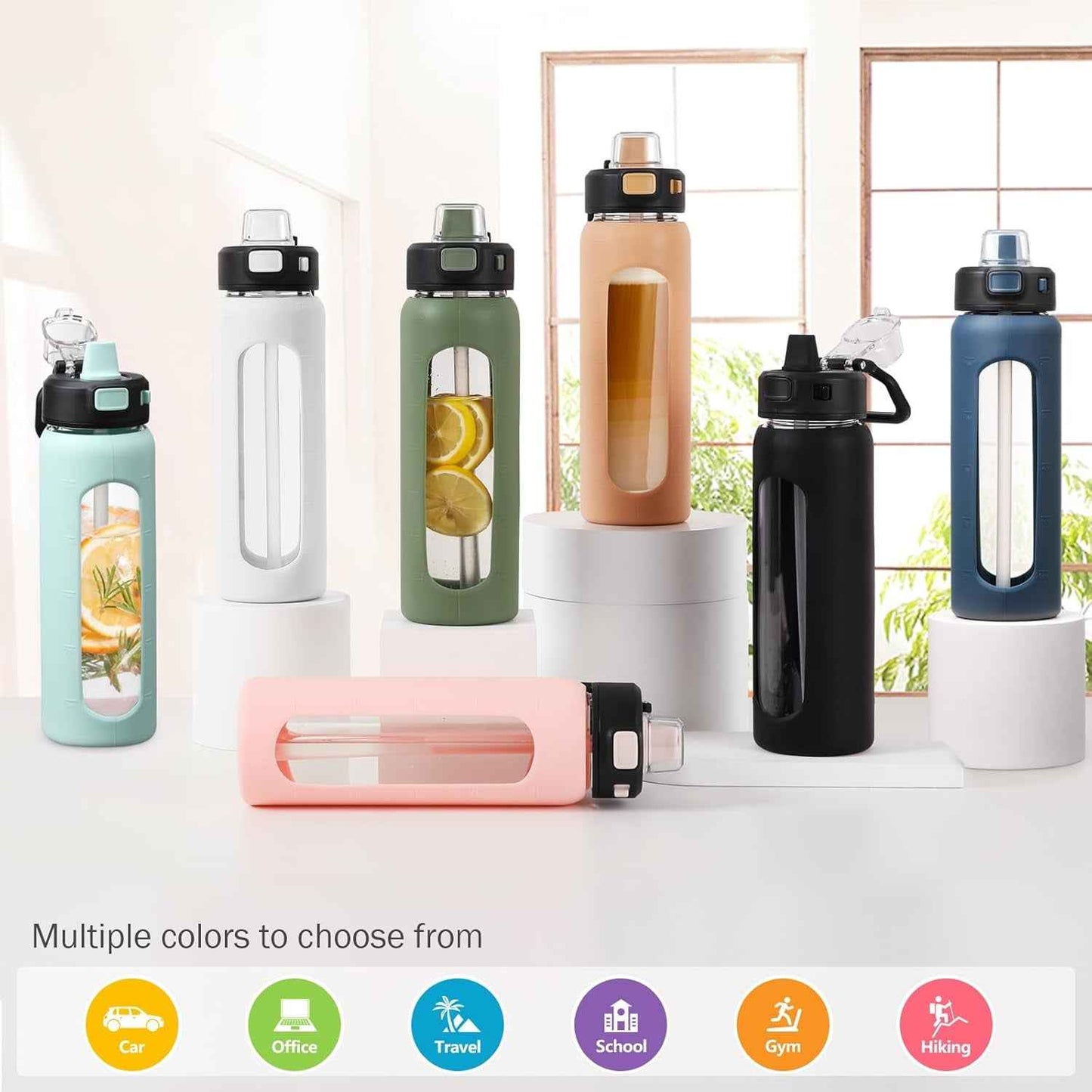 Water Bottle with Straw and Carry Handle, Glass Water Bottle 24 Oz Leak Proof Locking Lid with Soft Silicone Spout, Small Clear Water Bottle, Travel Sports Water Jug, Time Marker, White