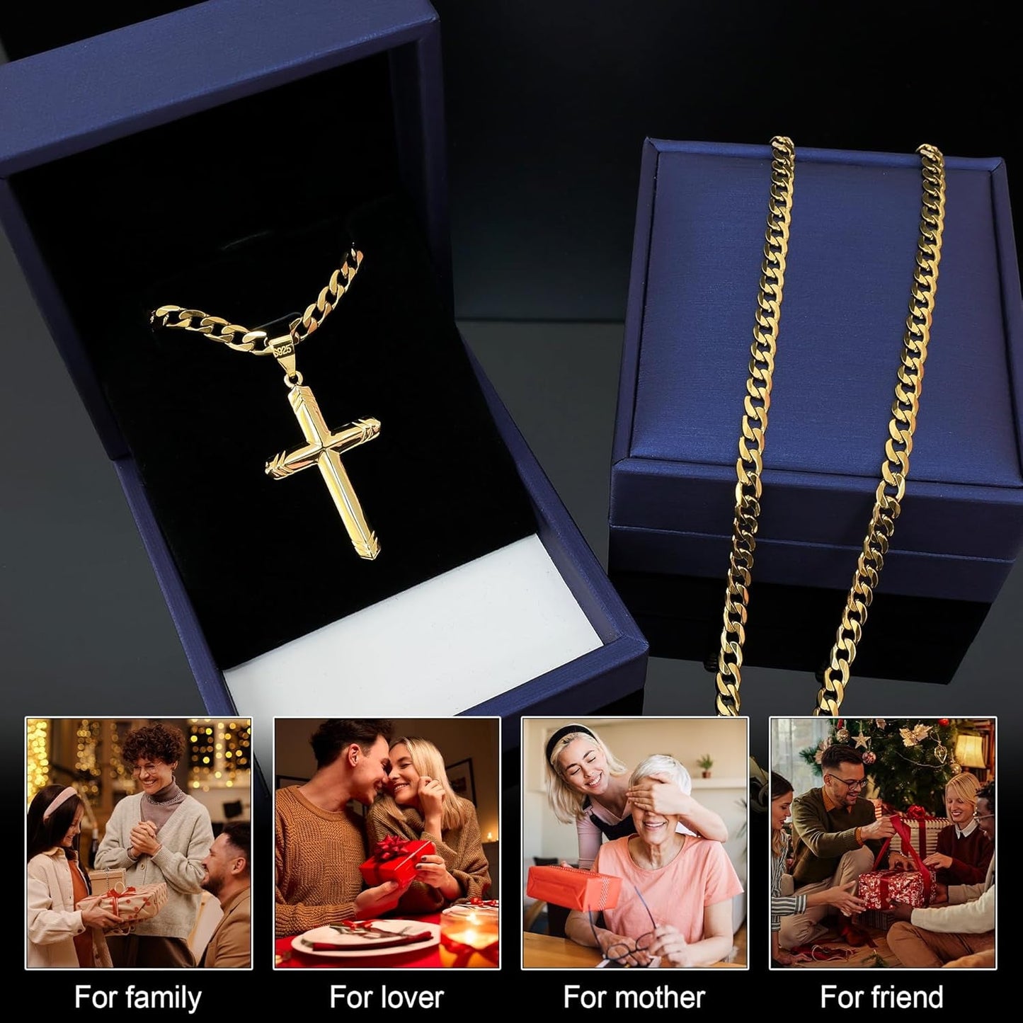 925 Sterling Silver Cross Necklace for Men, 18K Gold over Real Silver Cross Pendant Necklace with 4.5MM Durable Stainless Steel Cuban Link Curb Chain Shiny Cross Necklaces 16-28 Inches