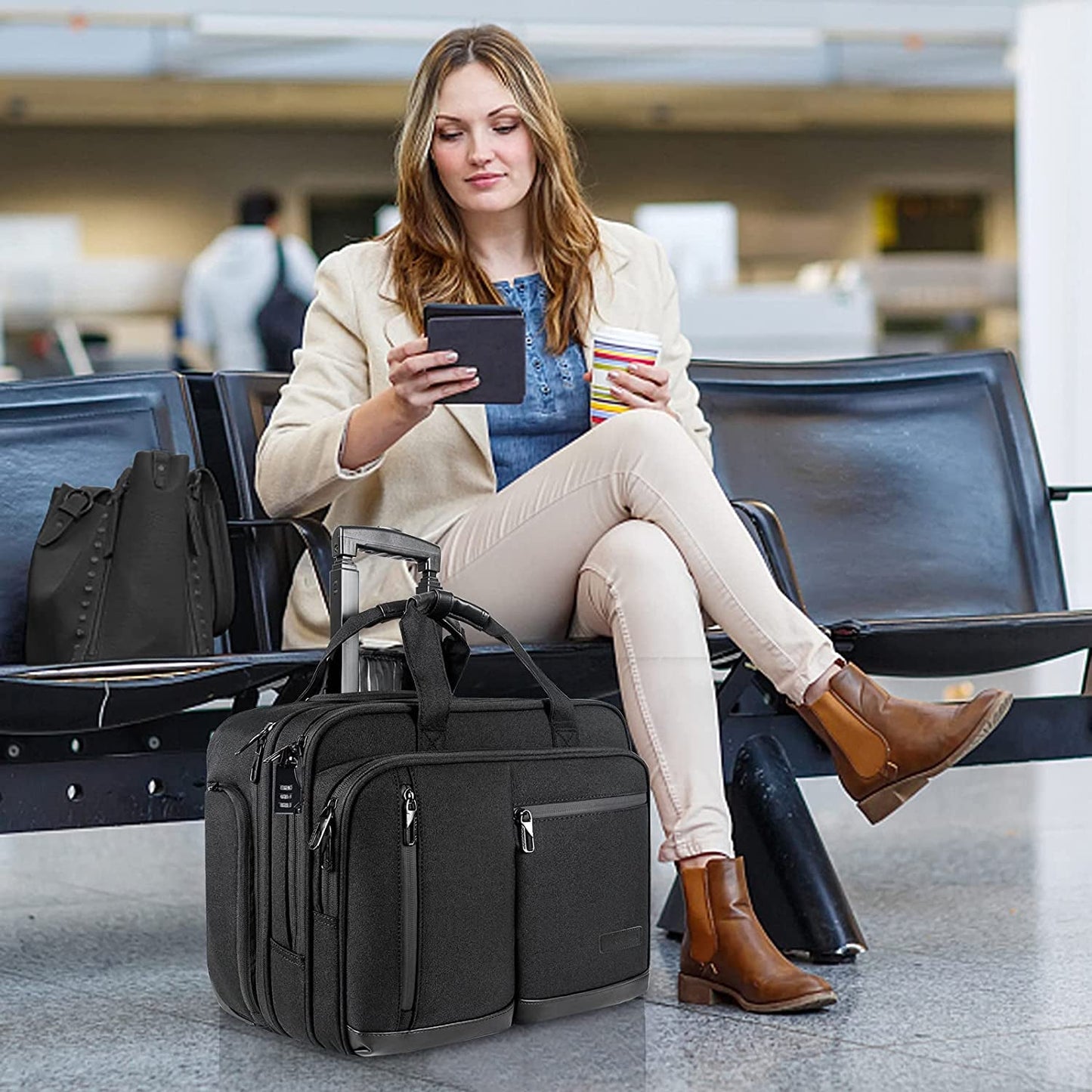 17.3 Inch Rolling Laptop Bag, Waterproof Overnight Rolling Bags, Laptop Bags for Travel/Work/Business, Stylish Carry on Briefcase, Black