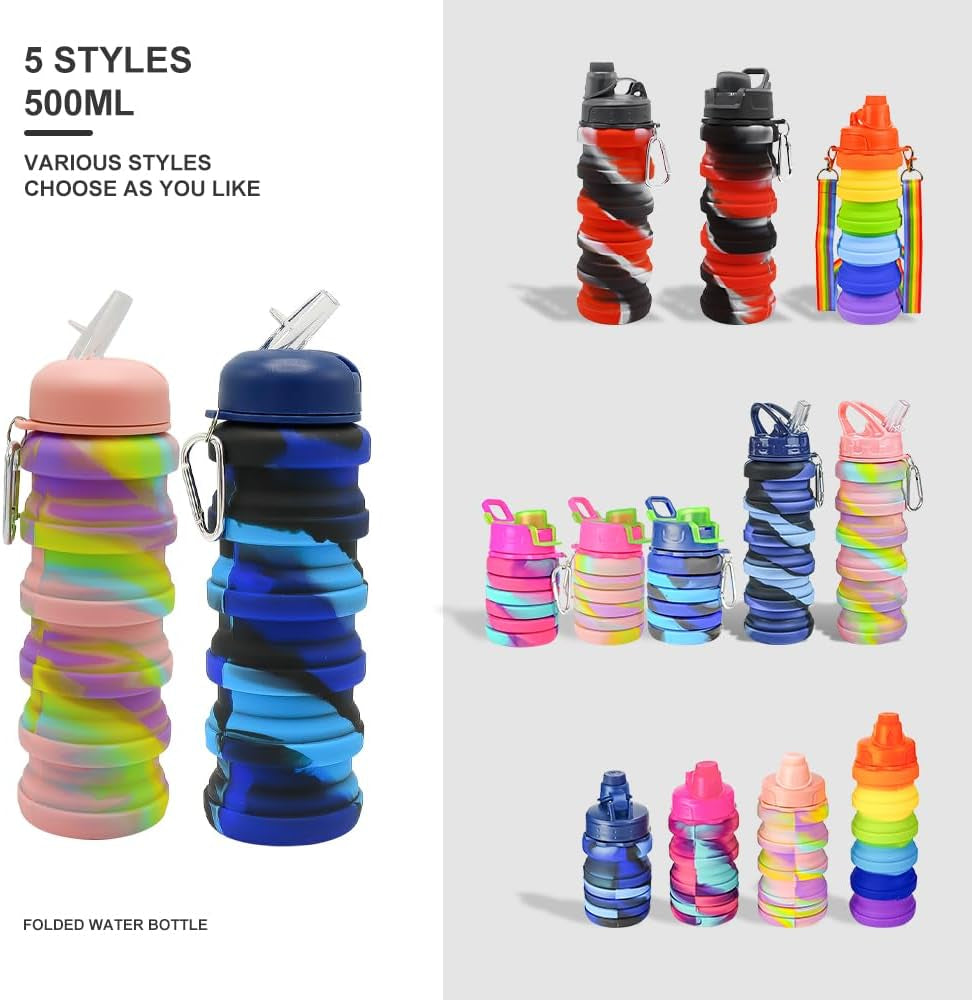 2Pack Silicone Collapsible Water Bottles, Leakproof 16Oz Portable Foldable Expandable Water Bottle Sports Cups with Straw,Bpa Free, for Outdoor Gym Travel(Blue+Rose Red)