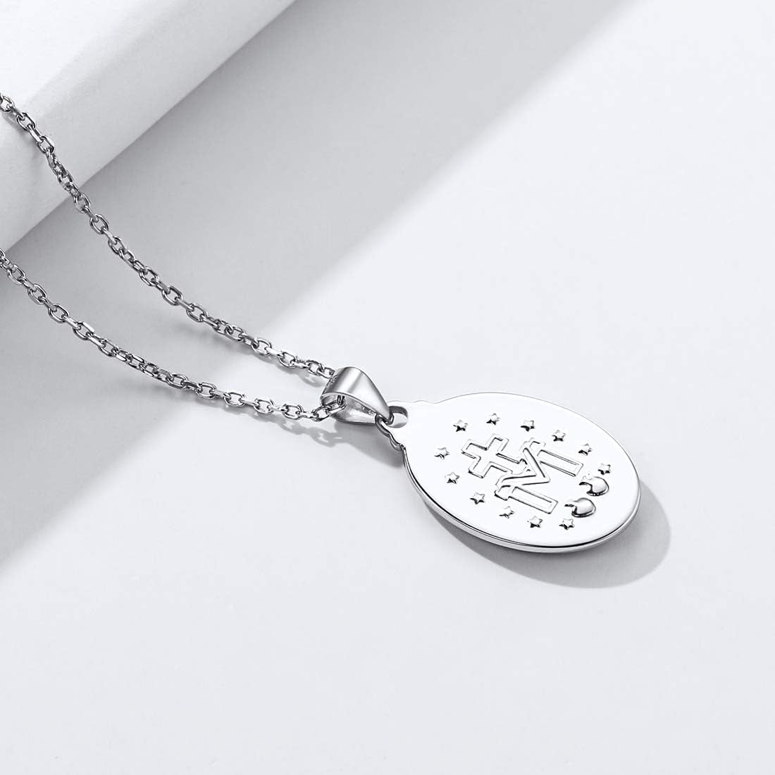 Personalized Virgin Mary Necklace 925 Sterling Silver Religious Christian Jewelry Oval Medal Coin Pendant Necklace for Women Men(With Gift Box)