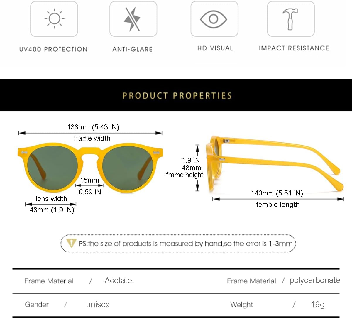 Vintage Polarized Sunglasses for Men round Sunglasses UV400 Protection Retro Hand-Crafted Acetate Frame