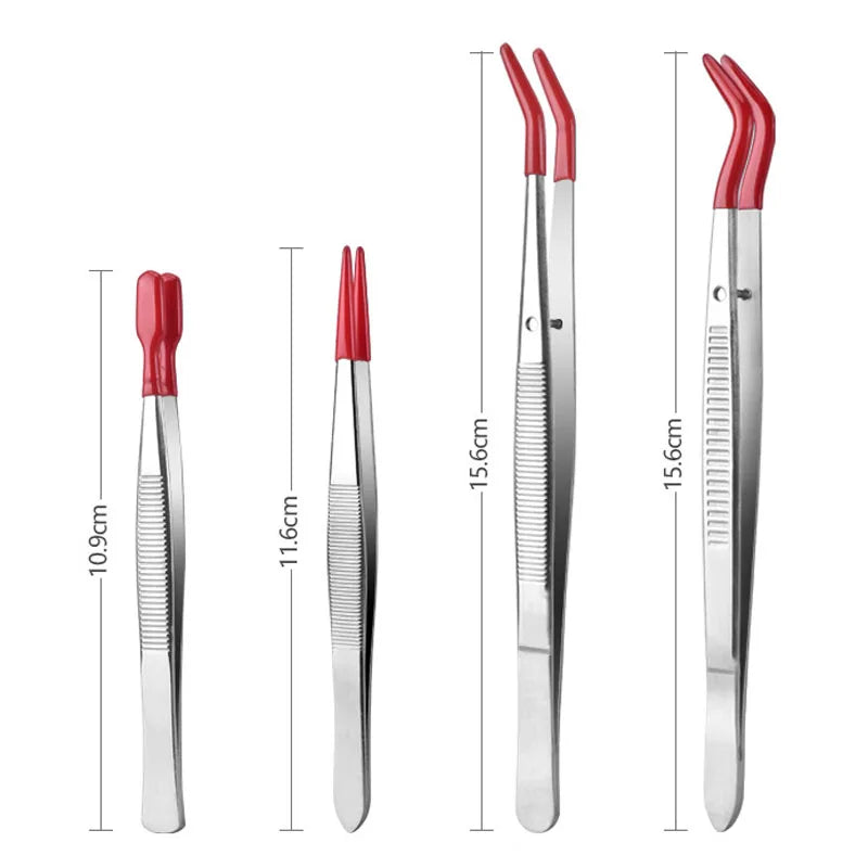 4Pcs Tweezers with Rubber Tips Set Stainless Steel Long Industrial Tweezers Bead Stamp Coin Jewelry Tweezer Clip Hand Tools