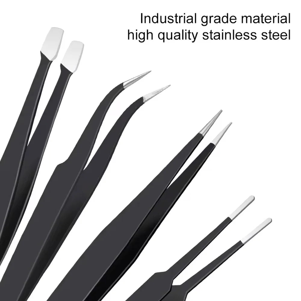 10Pcs/set Precision Anti-Static Tweezers Curved & Straight Stainless Steel ESD Tweezers Set for Industrial Repair Tools