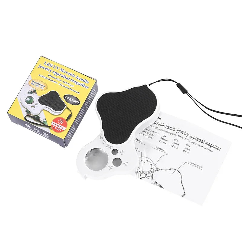 Illuminated Jewelry Loupe Magnifier 30X 60X 90X Fold Diamond Magnifying Glass With UV LED Lights For Jewelers Gems Coins Stamps