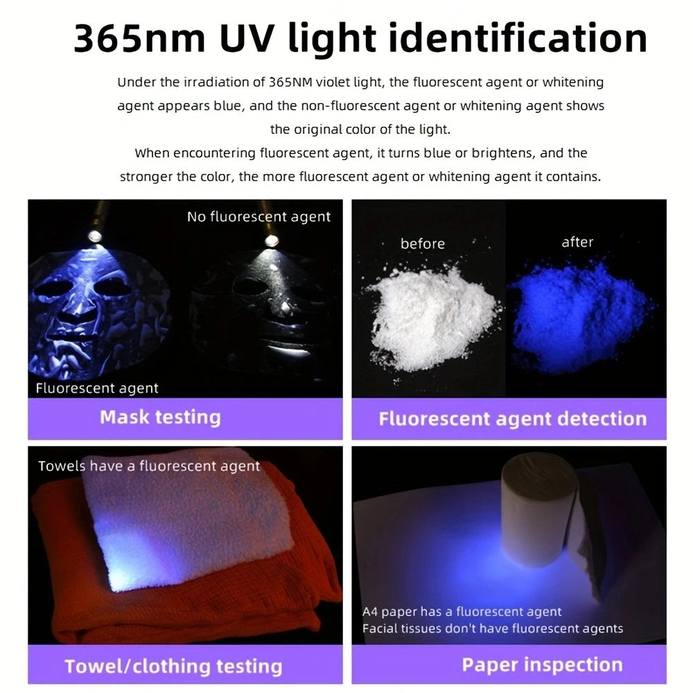 6-in-1 White Yellow UV 365nm/395nm LED LCD Flashlight USB charging Jewelry Jade Stone Pet Stains Marker Ore Money Scorpion Light
