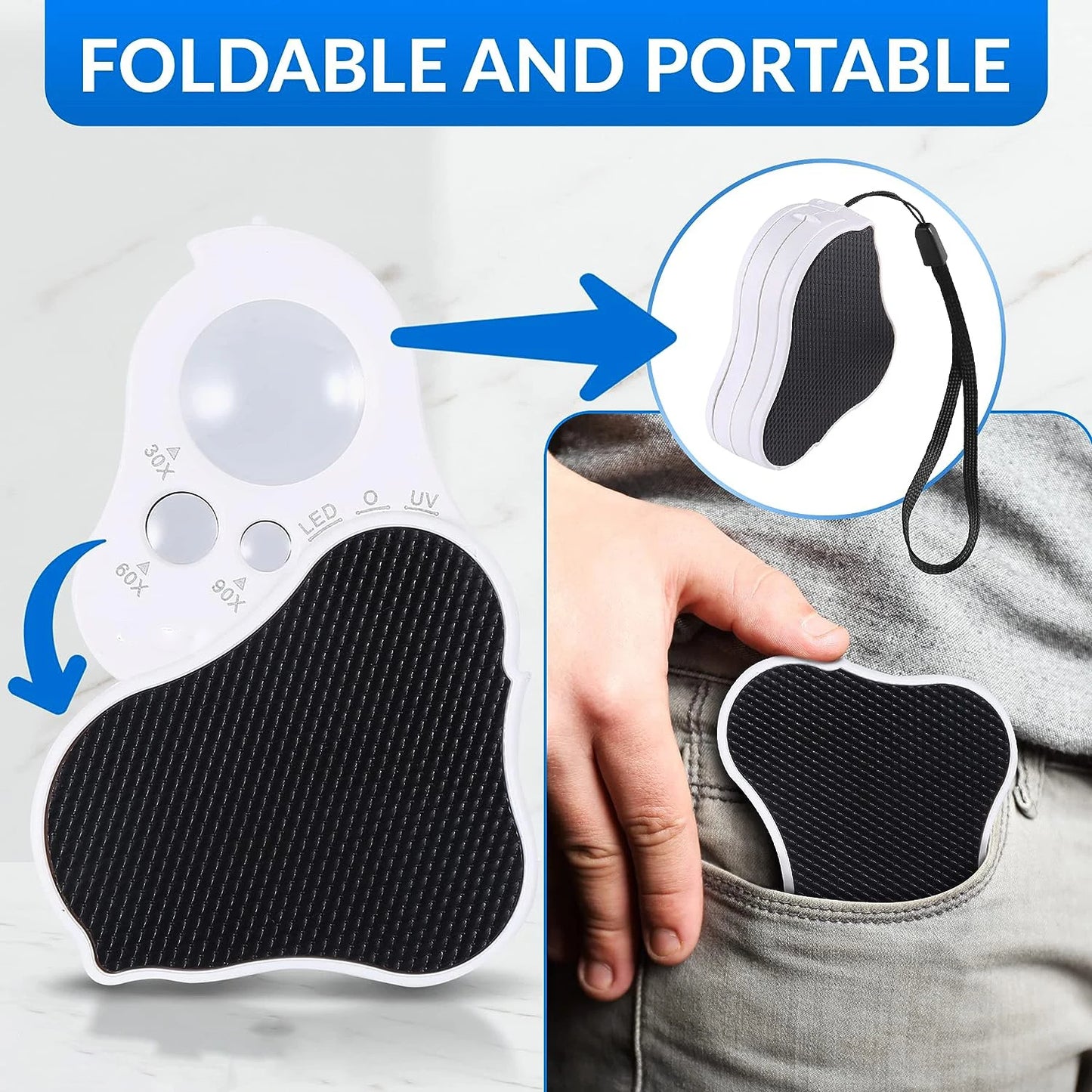 Illuminated Jewelry Loupe Magnifier 30X 60X 90X Fold Diamond Magnifying Glass With UV LED Lights For Jewelers Gems Coins Stamps