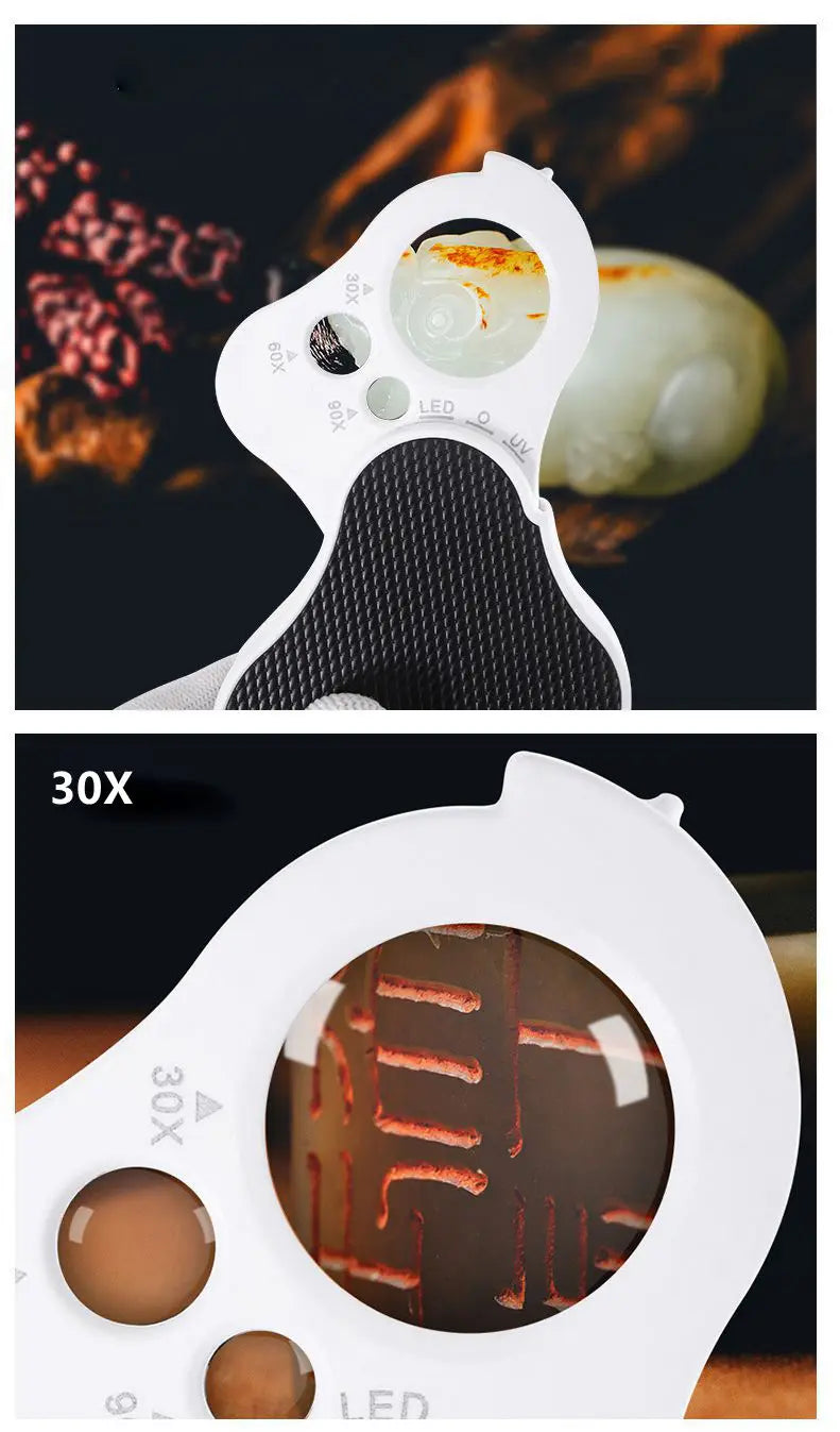 Illuminated Jewelry Loupe Magnifier 30X 60X 90X Fold Diamond Magnifying Glass With UV LED Lights For Jewelers Gems Coins Stamps