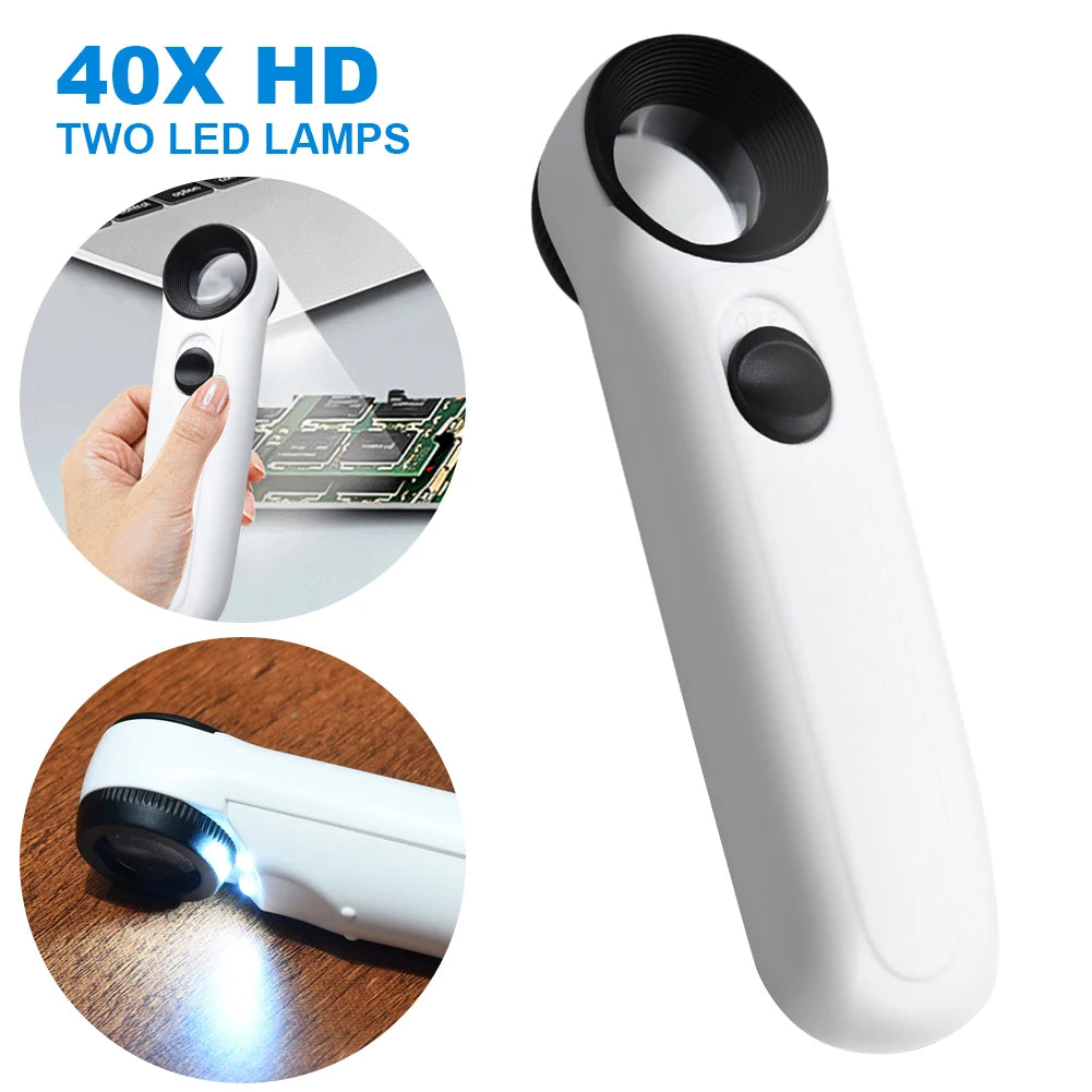 40X Handheld Magnifier HD Magnifying Glass with 2 LED Lights Jeweler Eye Jewelers Loupe for Identification Jewelry Diamond Jade
