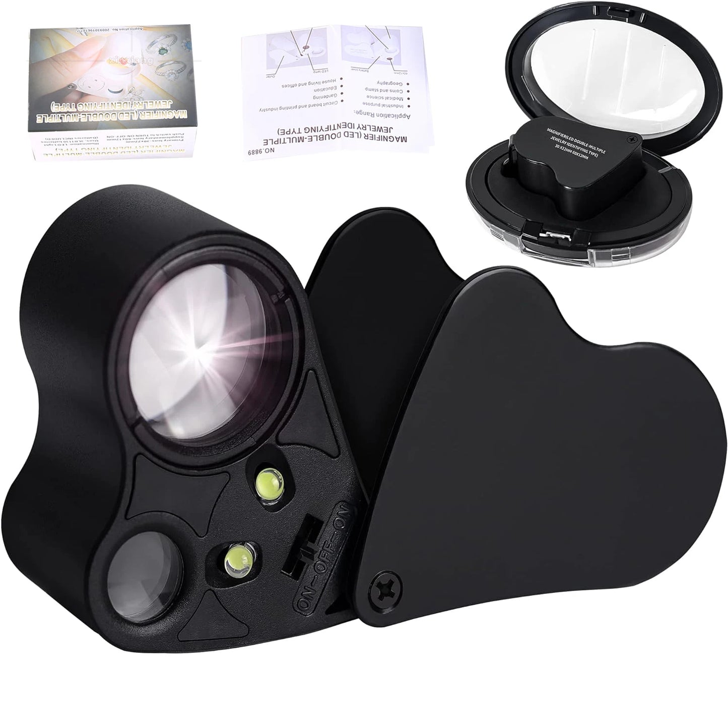 Jewelry Magnifier With Lights 30X 60X Magnification Magnifying Glass Portable Reading Pocket Magnifier Magnifying Loupe
