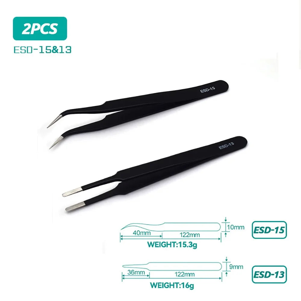 ESD Anti-Static Stainless Steel Tweezers Precision Maintenance Industrial Repair Curved Tool Home Working Model Making Hand Tool