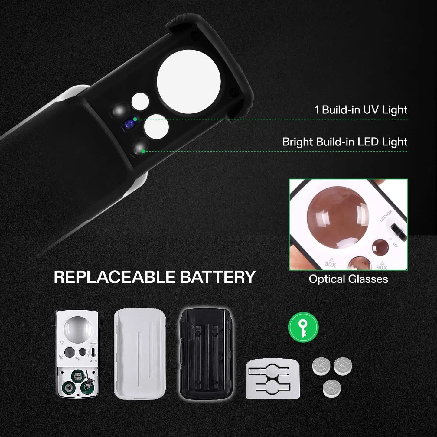 Jewelry Loupe Magnifier With LED UV Light 30X 60X 90X Jewelers Eye Magnifying Glass Fold For Gems Stamps Coins Watches Antiques