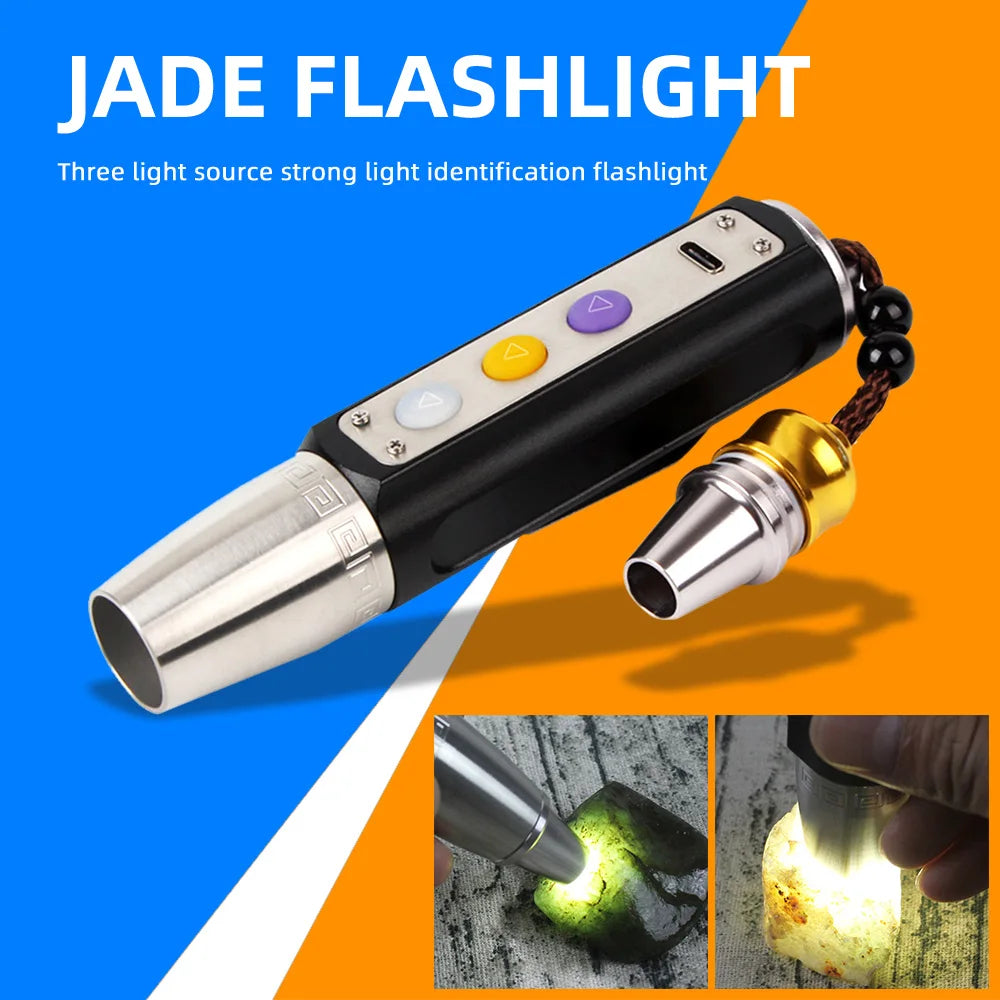 Rechargeable Jade Identification Flashlight 365/395NM LED Torch 3 Light Source Lamp Jewelry Gems Detector UV Light Flashlight