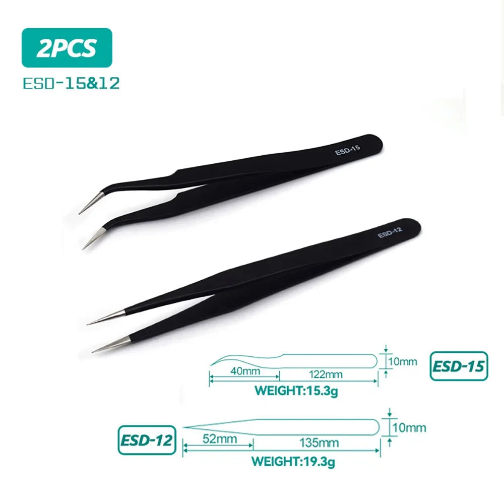 ESD Anti-Static Stainless Steel Tweezers Precision Maintenance Industrial Repair Curved Tool Home Working Model Making Hand Tool