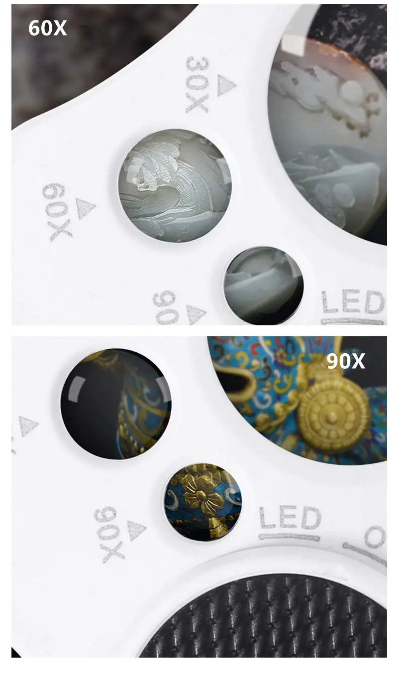 Illuminated Jewelry Loupe Magnifier 30X 60X 90X Fold Diamond Magnifying Glass With UV LED Lights For Jewelers Gems Coins Stamps