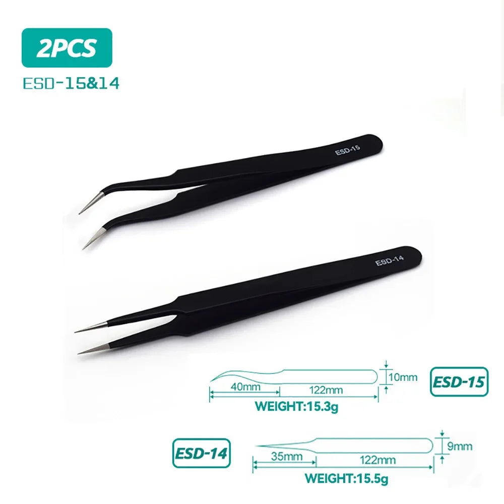 ESD Anti-Static Stainless Steel Tweezers Precision Maintenance Industrial Repair Curved Tool Home Working Model Making Hand Tool