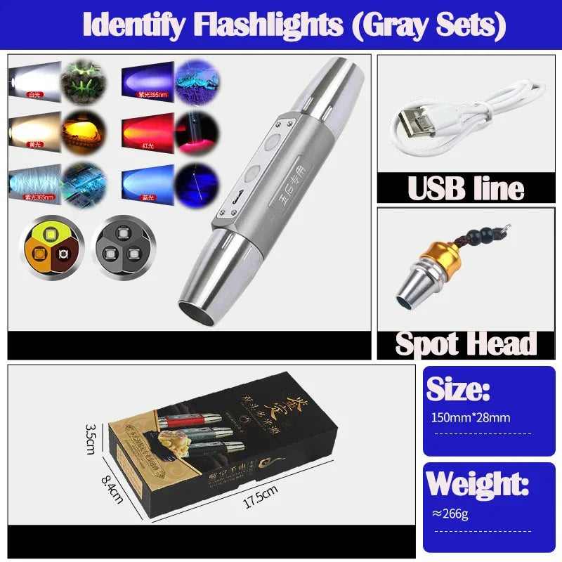 6Colors Expert Jade Identification Torch White/Yellow/Red/Blue/365nm/395nm UV Flashlight Ultraviolet Gems Jewelry Amber Detector