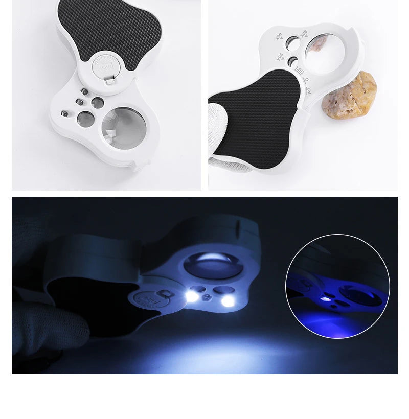 Illuminated Jewelry Loupe Magnifier 30X 60X 90X Fold Diamond Magnifying Glass With UV LED Lights For Jewelers Gems Coins Stamps