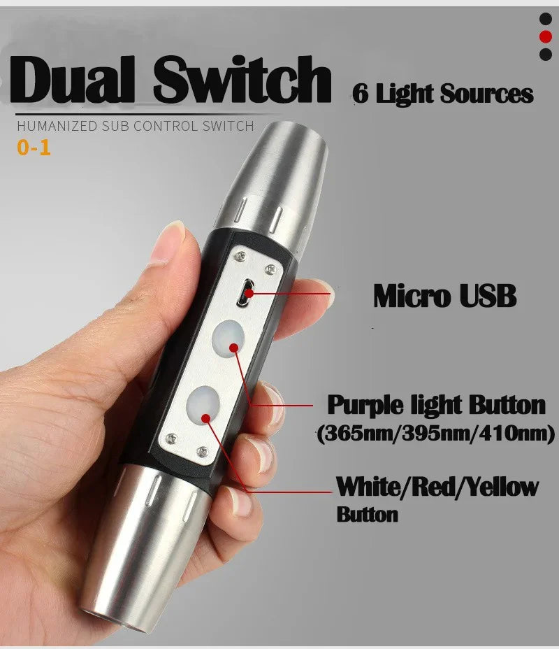 6Colors Expert Jade Identification Torch White/Yellow/Red/Blue/365nm/395nm UV Flashlight Ultraviolet Gems Jewelry Amber Detector