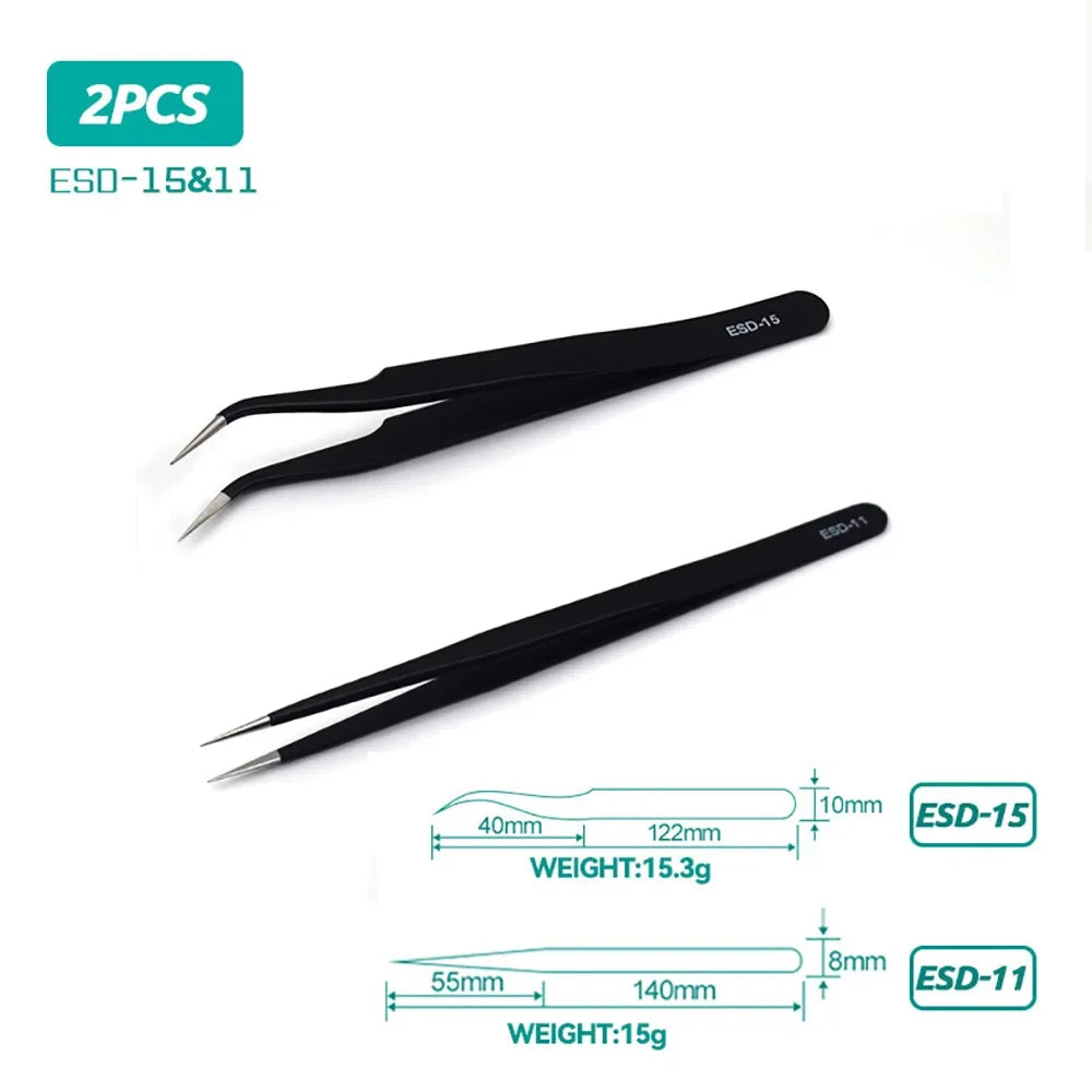 ESD Anti-Static Stainless Steel Tweezers Precision Maintenance Industrial Repair Curved Tool Home Working Model Making Hand Tool