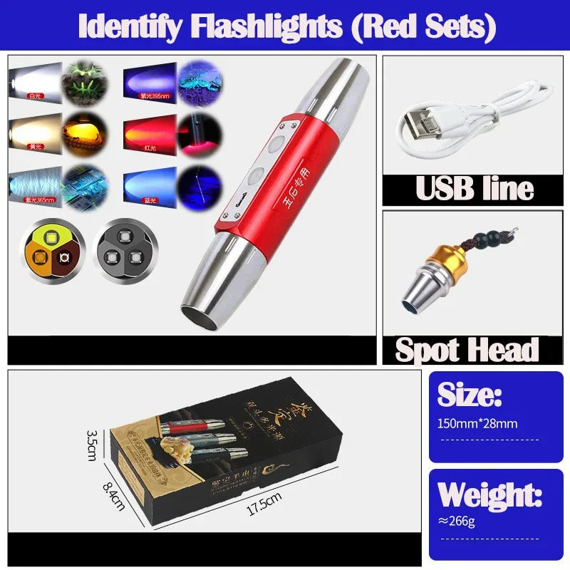 6Colors Expert Jade Identification Torch White/Yellow/Red/Blue/365nm/395nm UV Flashlight Ultraviolet Gems Jewelry Amber Detector