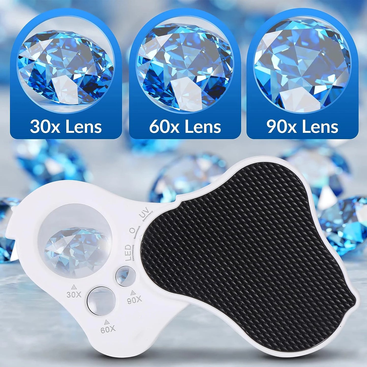 Illuminated Jewelry Loupe Magnifier 30X 60X 90X Fold Diamond Magnifying Glass With UV LED Lights For Jewelers Gems Coins Stamps