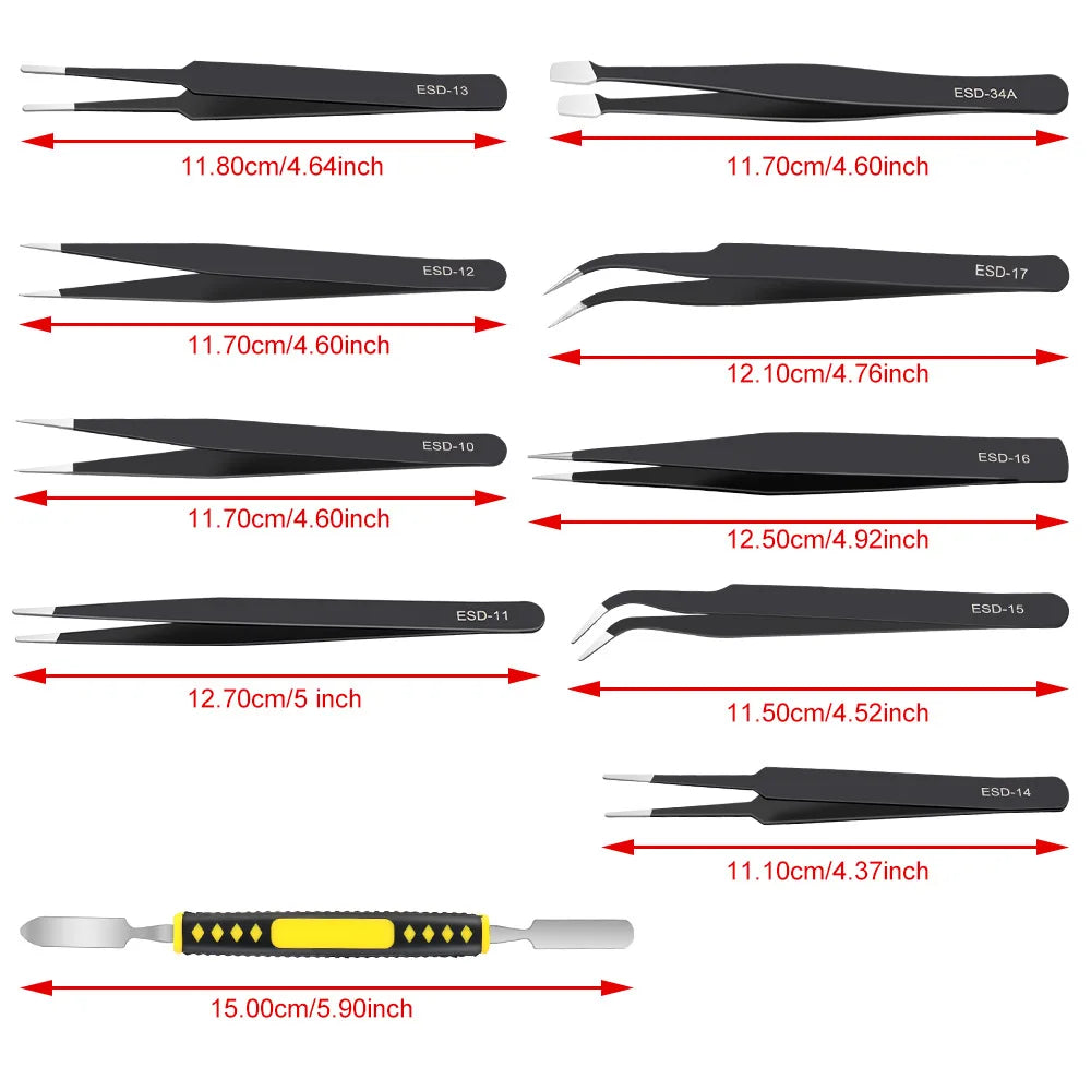 10Pcs/set Precision Anti-Static Tweezers Curved & Straight Stainless Steel ESD Tweezers Set for Industrial Repair Tools