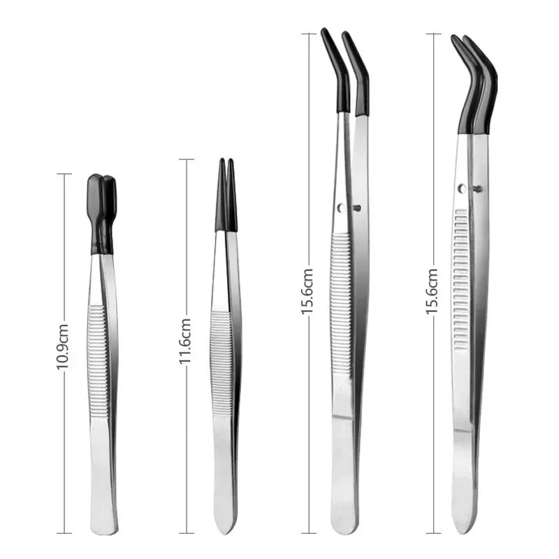 4Pcs Tweezers with Rubber Tips Set Stainless Steel Long Industrial Tweezers Bead Stamp Coin Jewelry Tweezer Clip Hand Tools