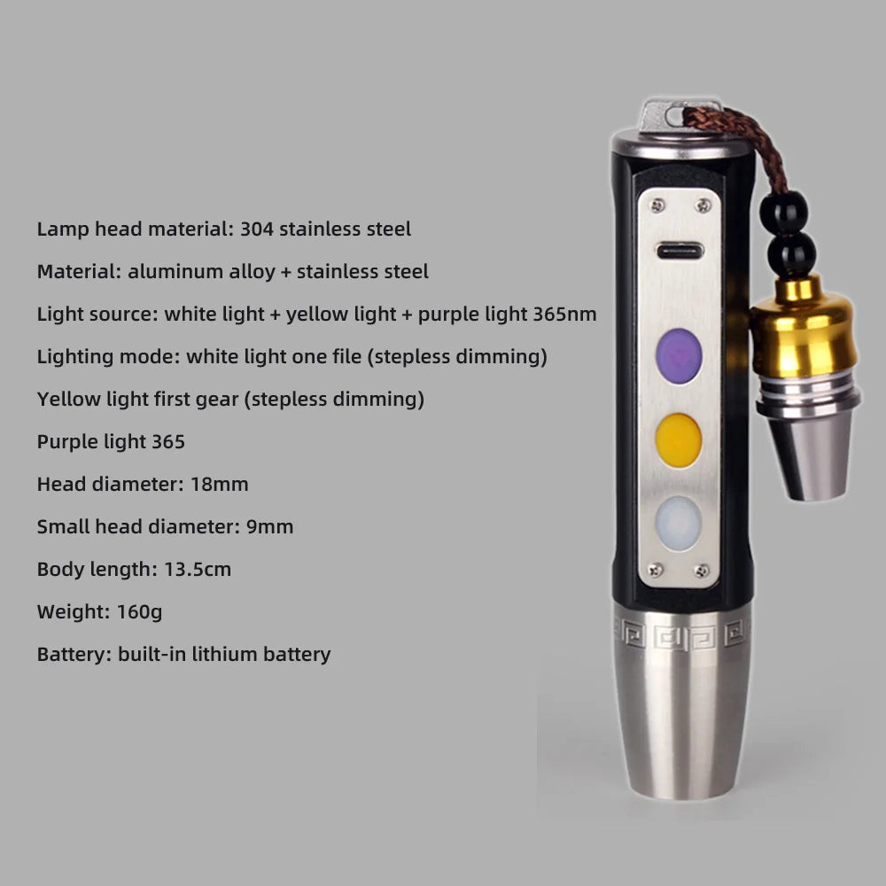 Rechargeable Jade Identification Flashlight 365/395NM LED Torch 3 Light Source Lamp Jewelry Gems Detector UV Light Flashlight