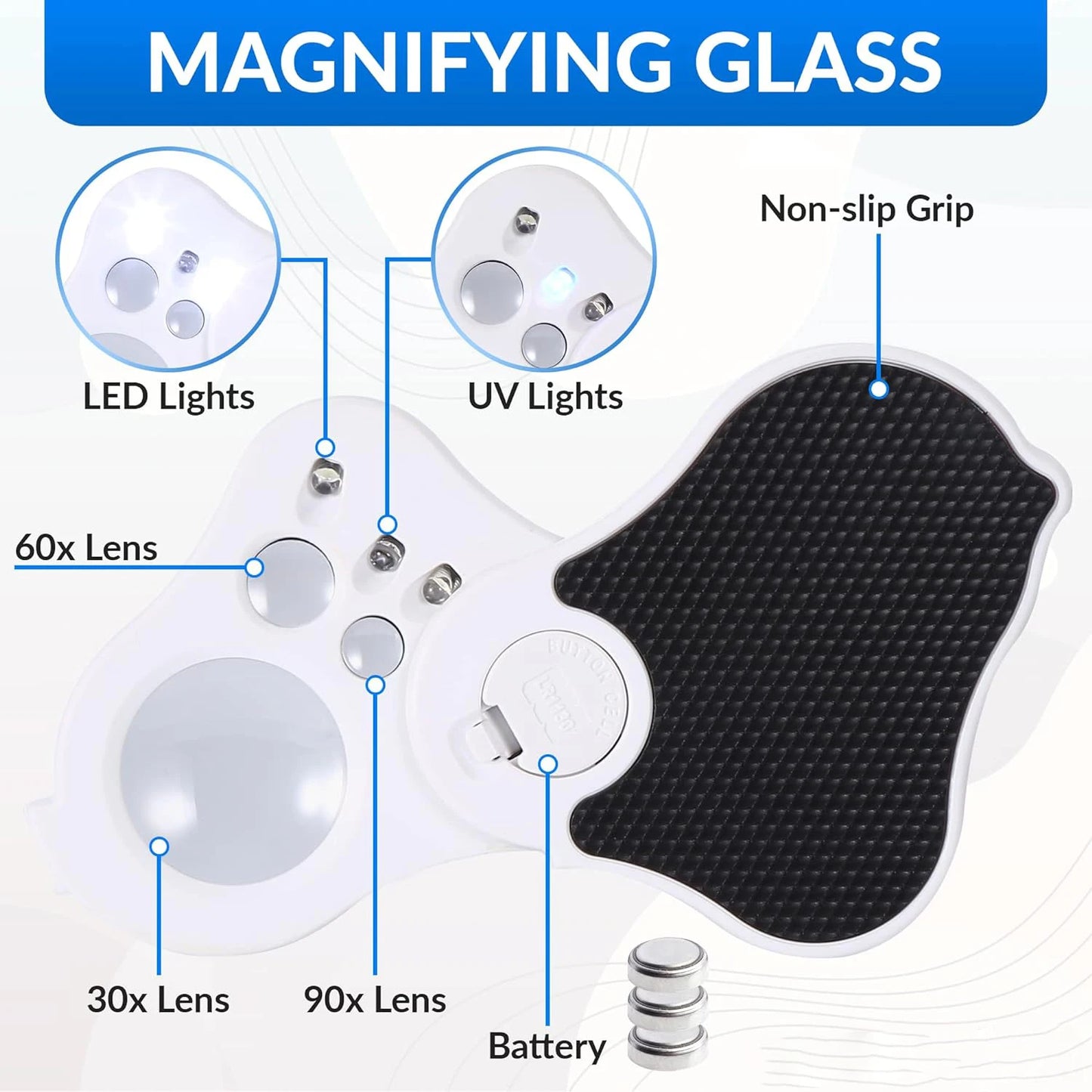 Illuminated Jewelry Loupe Magnifier 30X 60X 90X Fold Diamond Magnifying Glass With UV LED Lights For Jewelers Gems Coins Stamps