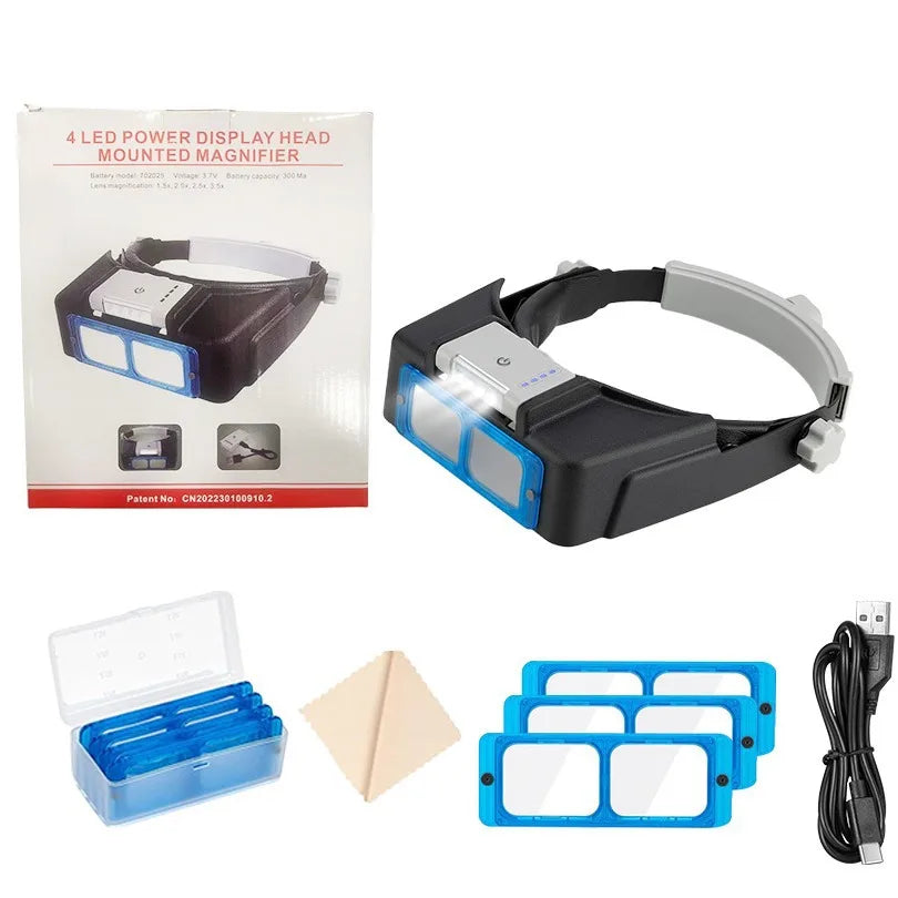 Magnifying Glasses Head Mounted Usb Charging with 4Led Lights for Battery Display, High-Definition Reading Gifts