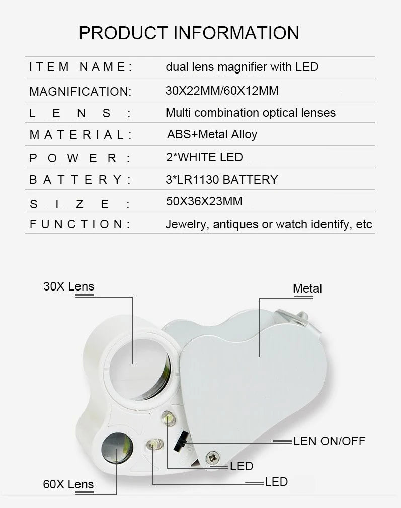 Jewelry Magnifier With Lights 30X 60X Magnification Magnifying Glass Portable Reading Pocket Magnifier Magnifying Loupe
