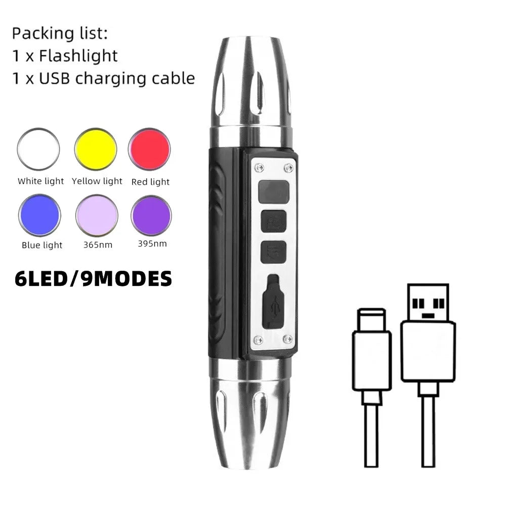 6-in-1 White Yellow UV 365nm/395nm LED LCD Flashlight USB charging Jewelry Jade Stone Pet Stains Marker Ore Money Scorpion Light