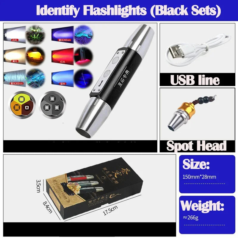 6Colors Expert Jade Identification Torch White/Yellow/Red/Blue/365nm/395nm UV Flashlight Ultraviolet Gems Jewelry Amber Detector