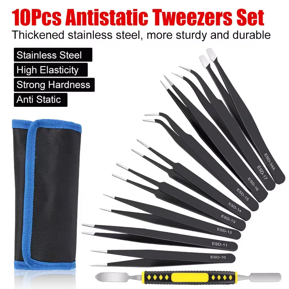 10Pcs/set Precision Anti-Static Tweezers Curved & Straight Stainless Steel ESD Tweezers Set for Industrial Repair Tools