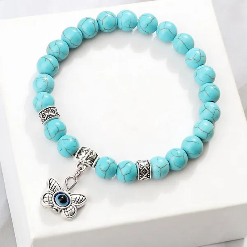 Turkey Evil Eye Beaded Bracelets Butterfly Buddhist Palm Hand Owl Turtle Alloy Pendant Bracelet Women Men Lucky Stretch Bangles Jewelry