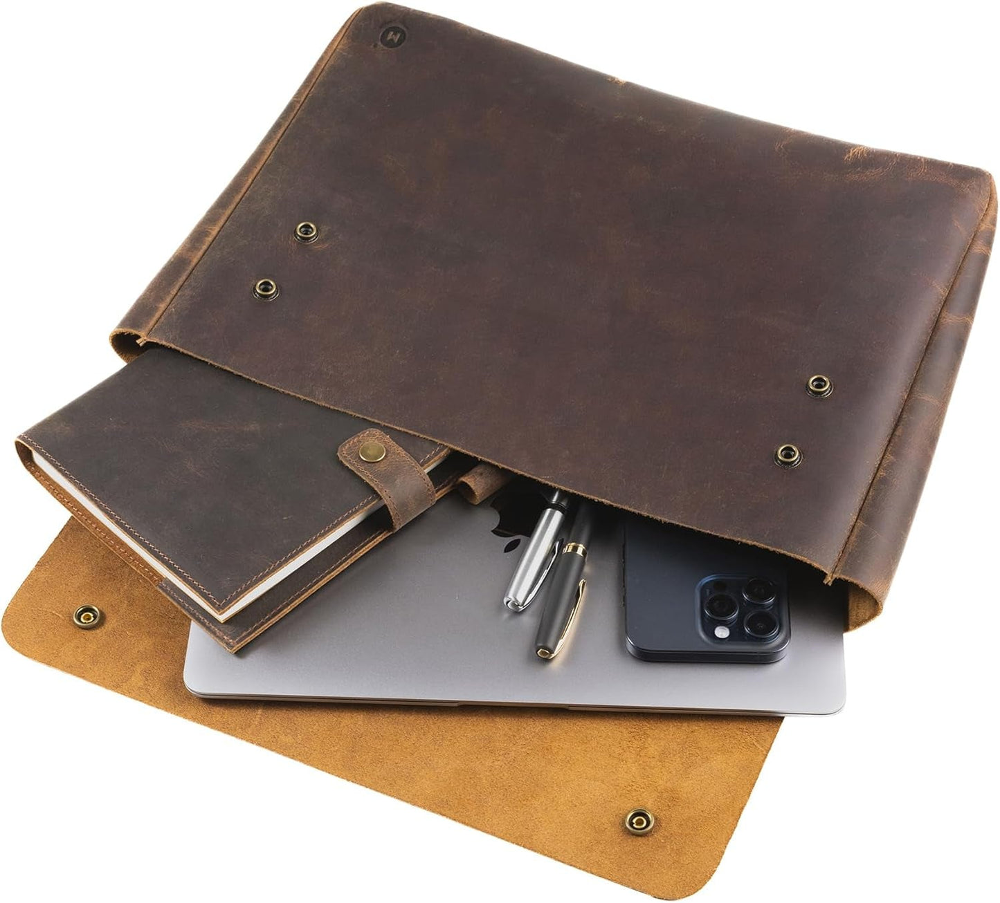 Leather Folder, Full Grain Leather File Folder Organizer Document Holder, Leather Portfolio for Men –Spacious Leather Folio Laptop Sleeve Case - Fits 13" 14" 15” Laptops, Macbook and Tablets