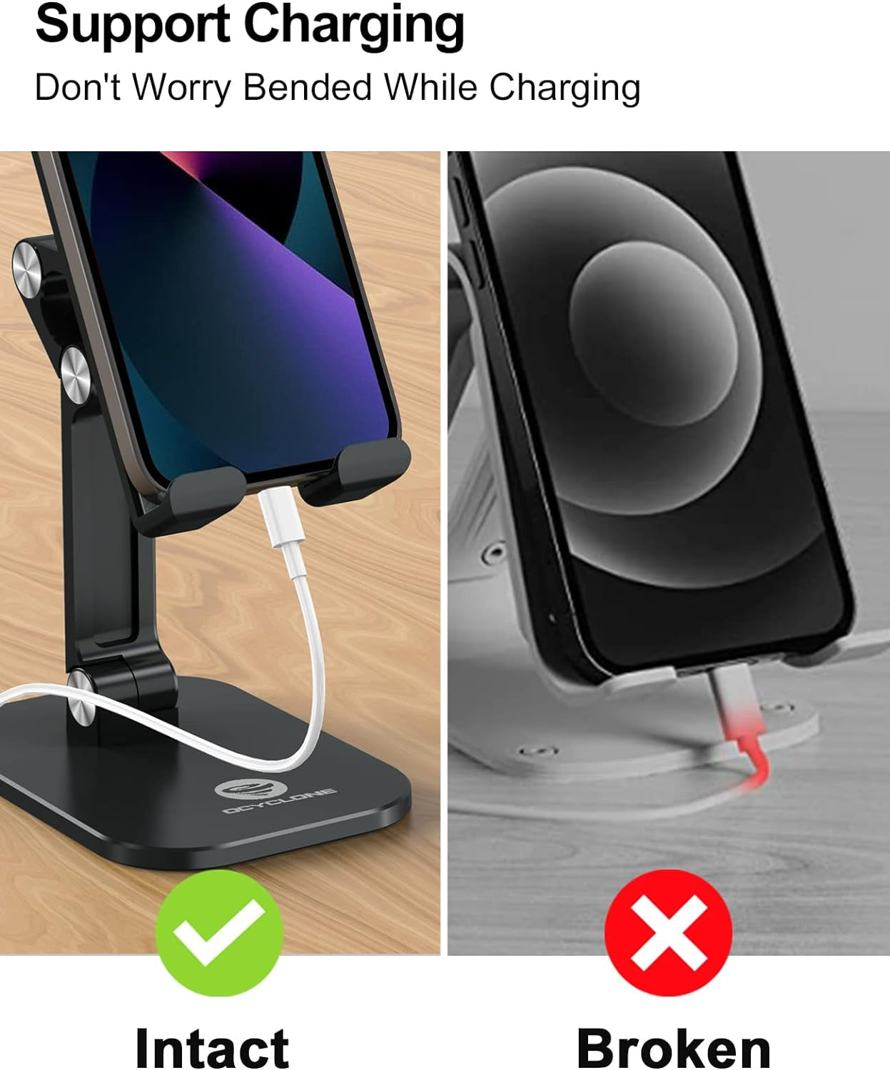 Phone Stand, Adjustable Height and Angle Cell Phone Stand for Desk Foldable Holder, Taller Iphone Stand Compatible 4-11 Inch All Mobile Phone/Ipad/Tablet - Black