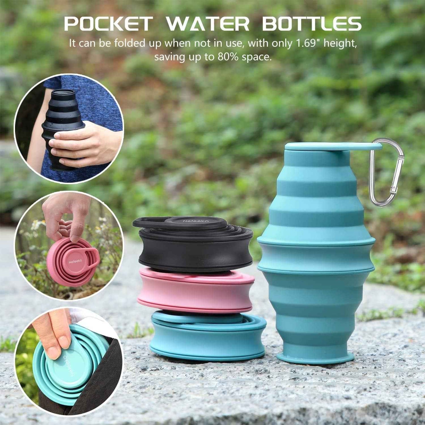 Collapsible Water Bottle,17Oz(500Ml) Reuseable BPA Free Silicone Foldable Water Bottles for Travel Gym Camping Hiking, Portable Leak Proof Sports Water Bottle with Carabiner