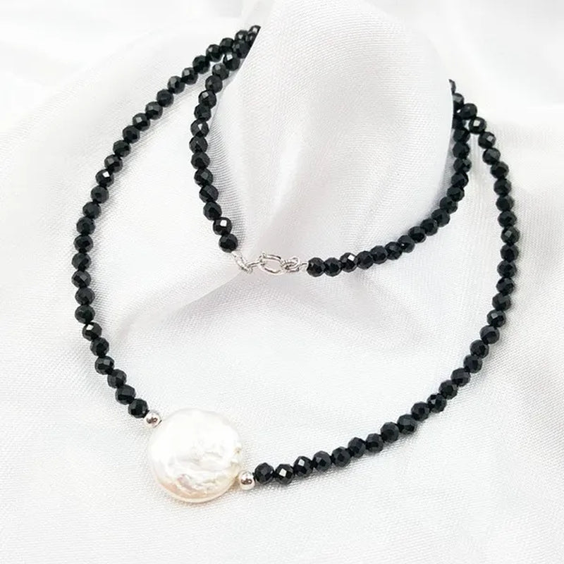 Natural Black Spinels 2-3MM Coin Freshwater Pearl 925 Sterling Silver Clasp Necklace 40-45CM