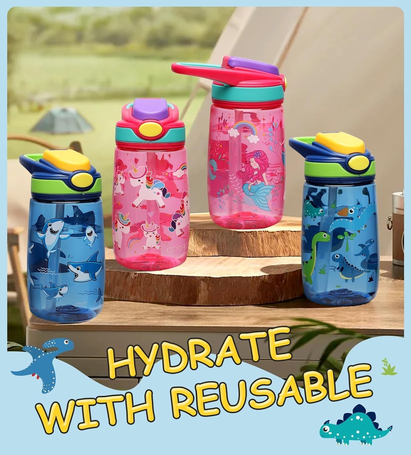 Kids Water Bottle, BPA Free Tritan 13.5Oz Water Bottle with Leakproof Lid, Straw & Carrying Loop for Toddlers