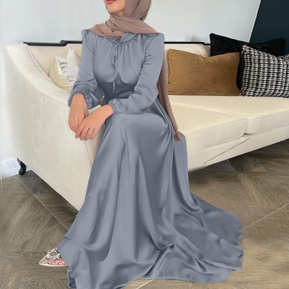 Women'S Muslim Kaftan Abaya Prayer Dress Long Sleeve Self Tie Maxi Dress Middle East Arabian Robe Gown