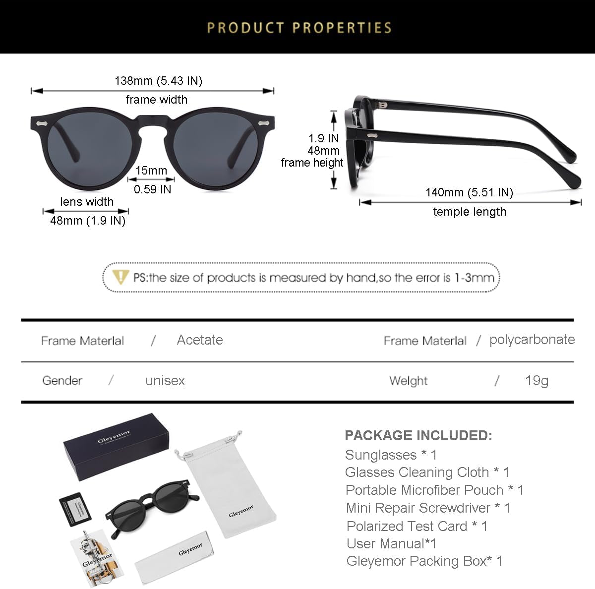 Vintage Polarized Sunglasses for Men round Sunglasses UV400 Protection Retro Hand-Crafted Acetate Frame