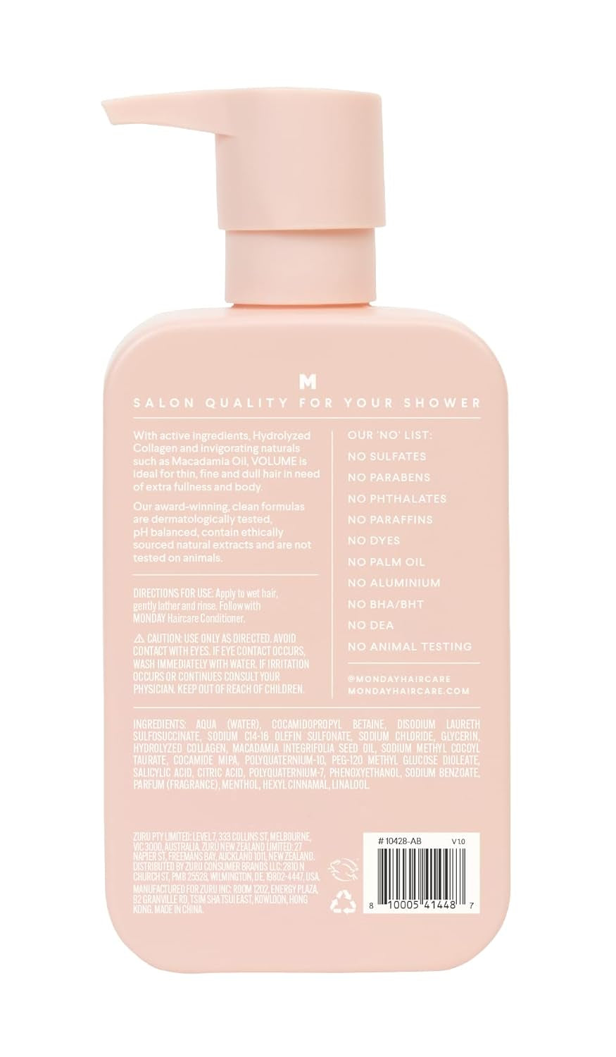 Volume Shampoo 12Oz for Thin, Fine, and Oily Hair, Made from Coconut Oil, Ginger Extract, & Vitamin E, 100% Recyclable Bottles (354Ml), Pink (10428)